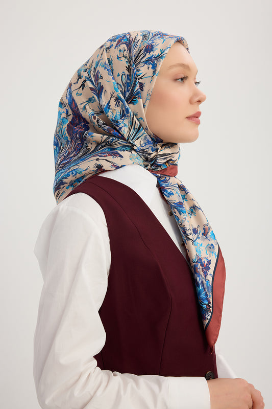 %100 İpek Twill Eşarp - Yankılar Bahçesi - İndigo