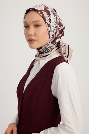 %100 İpek Twill Eşarp - Çiçek Rüyası - Bordo