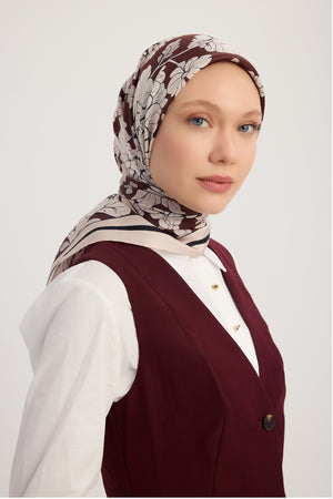 %100 İpek Twill Eşarp - Çiçek Rüyası - Bordo