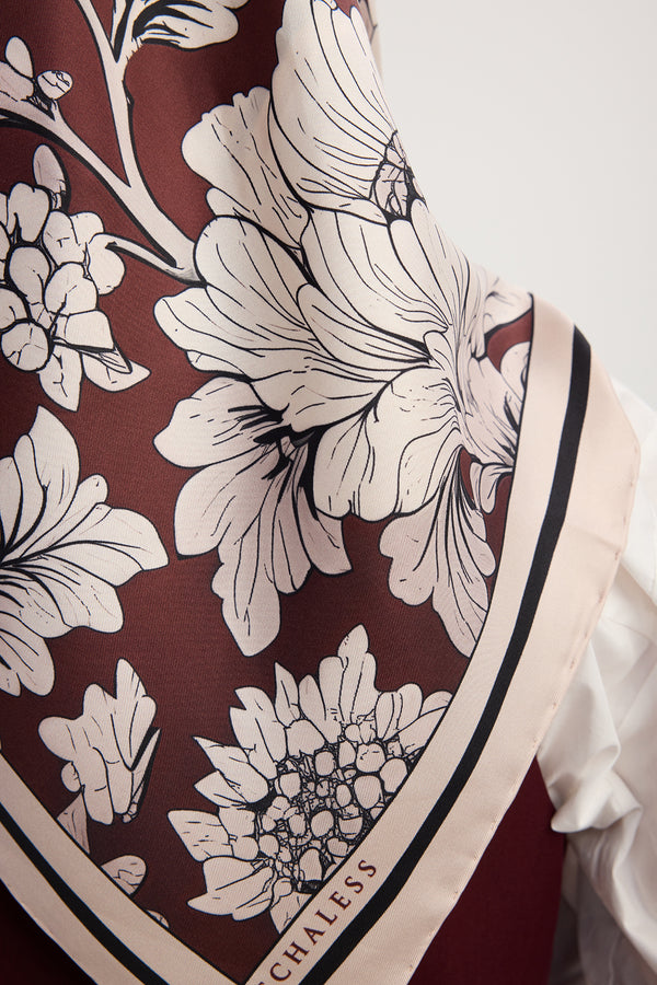 %100 İpek Twill Eşarp - Çiçek Rüyası - Bordo