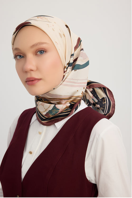 %100 İpek Twill Eşarp - Gök Çiçeği - Bordo