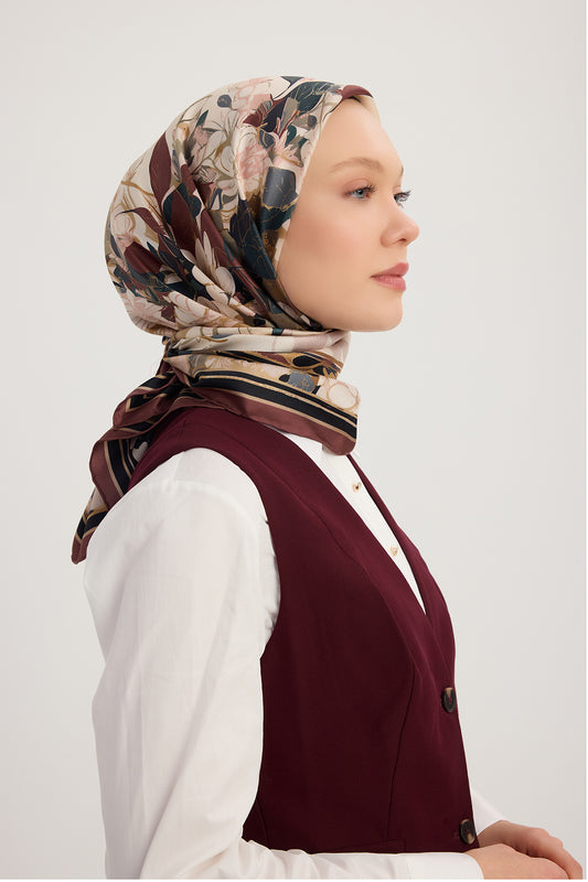 %100 İpek Twill Eşarp - Gök Çiçeği - Bordo
