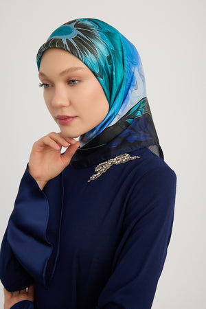Aurora Desenli Janjan Eşarp - Güneş Çiçeği - Mavi