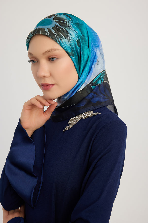 Aurora Desenli Janjan Eşarp - Güneş Çiçeği - Mavi