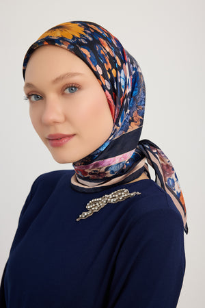 Aurora Desenli Janjan Eşarp - Çiçek Kozmosu - Lacivert