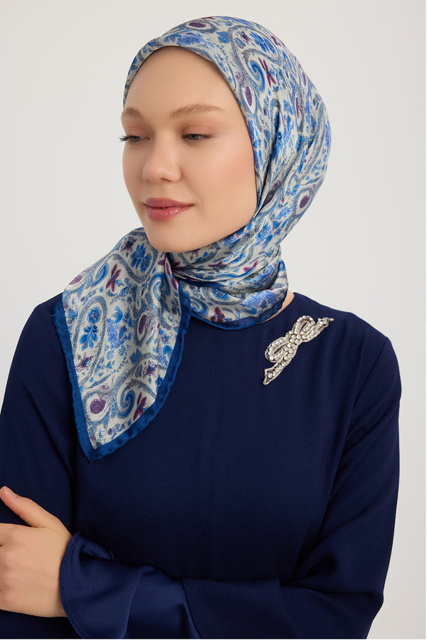 Aurora Desenli Janjan Eşarp - Etnik Bahar - Mavi