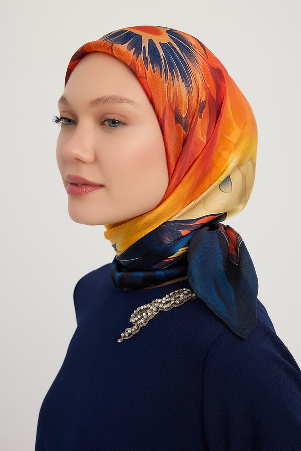 Aurora Desenli Janjan Eşarp - Güneş Çiçeği - Lacivert