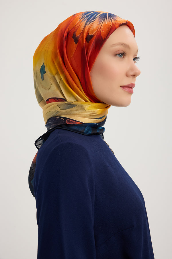 Aurora Desenli Janjan Eşarp - Güneş Çiçeği - Lacivert