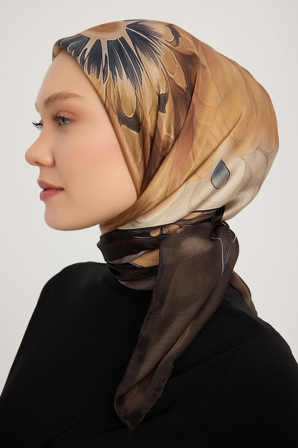 Aurora Desenli Janjan Eşarp - Güneş Çiçeği - Kahverengi