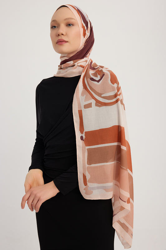 Efilia Desenli Şal - Pastel Yolculuk - Kahverengi