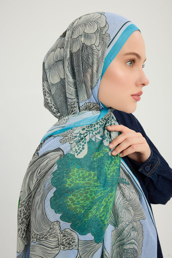Efilia Desenli Şal - Mercan Bahçesi - Mavi