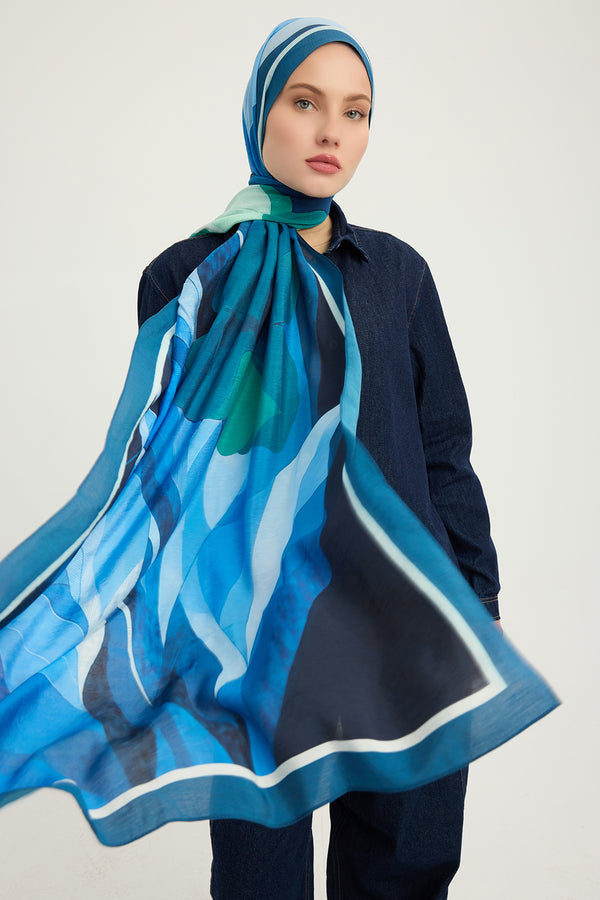 Vierra Desenli Şal - Işıklı  Çiçekler - Mavi