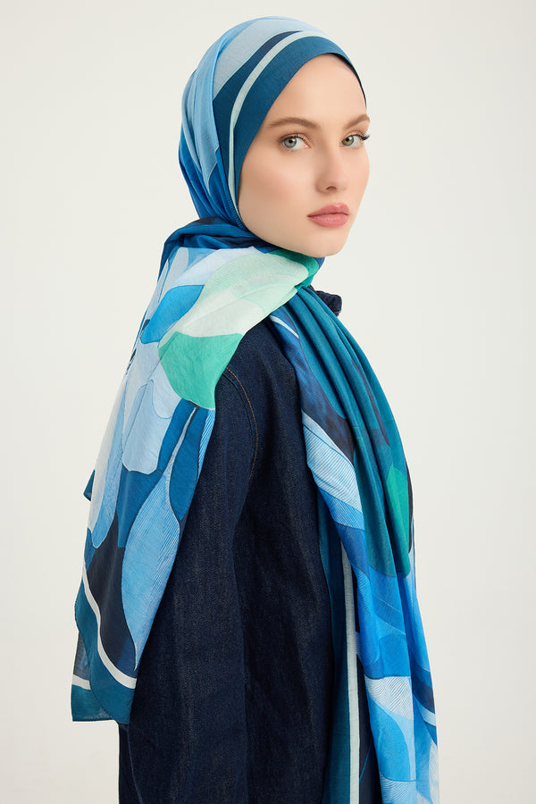 Vierra Desenli Şal - Işıklı  Çiçekler - Mavi