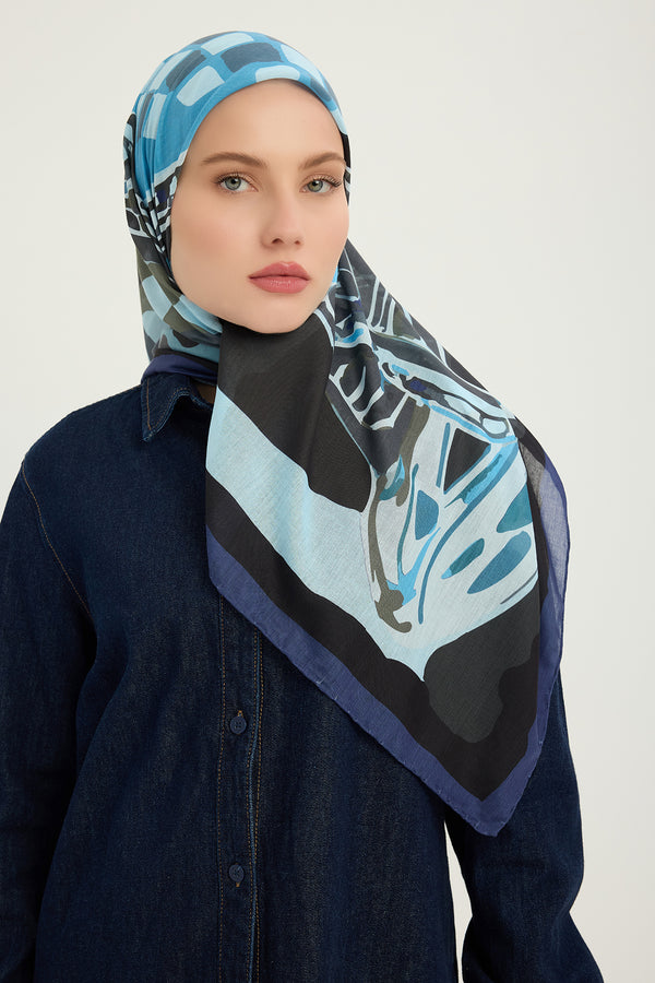 Efilia Desenli Eşarp - Pastel Yolculuk - Lacivert