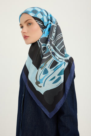 Efilia Desenli Eşarp - Pastel Yolculuk - Lacivert