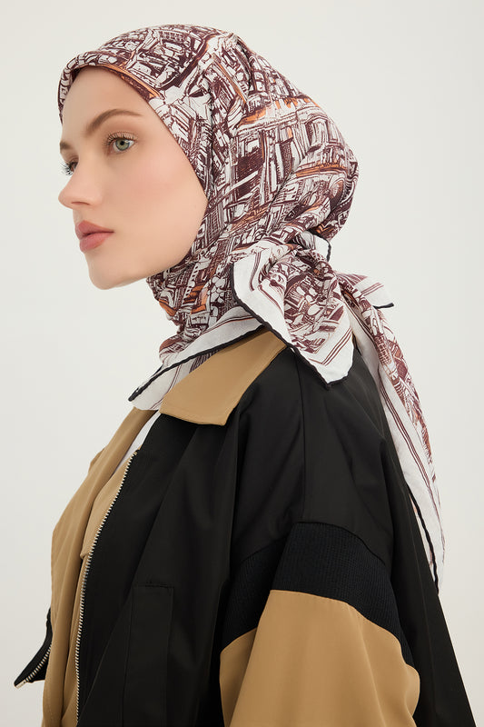 Vierra Desenli Eşarp - Yankılar Şehri - Kahverengi