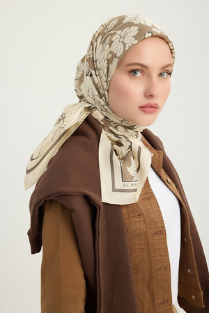%100 İpek Twill Eşarp - Çiçek Rüyası - Vizon