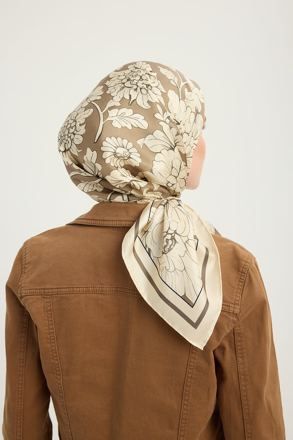 %100 İpek Twill Eşarp - Çiçek Rüyası - Vizon