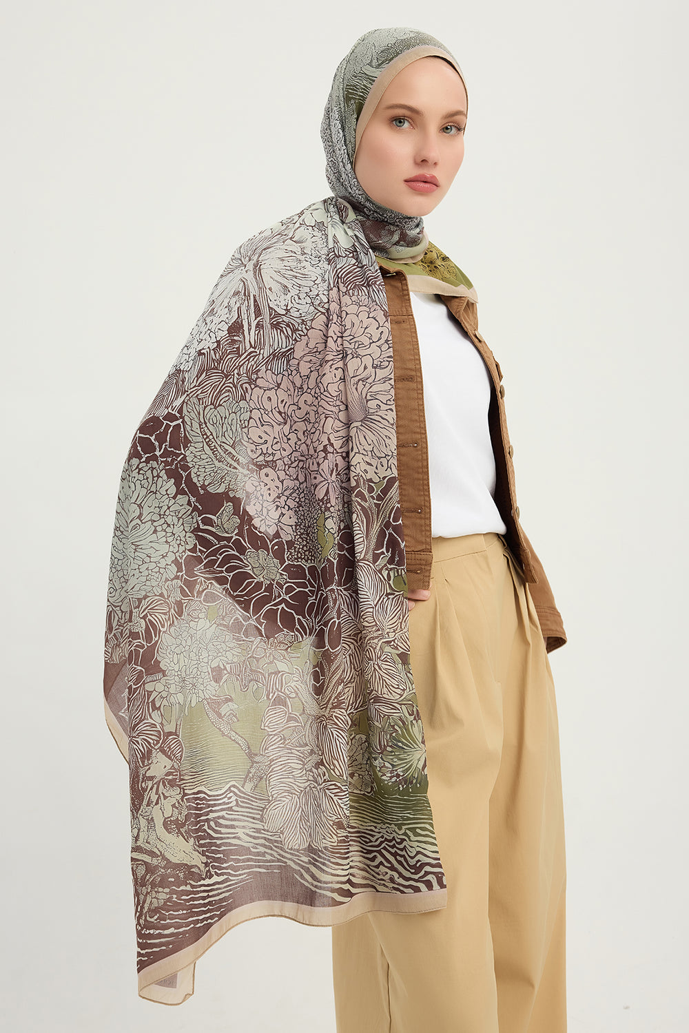 Efilia Desenli Şal - Sessiz Mevsimler - Yeşil Kahve