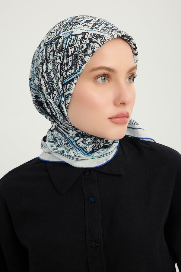 Vierra Desenli Eşarp - Yankılar Şehri - Mavi