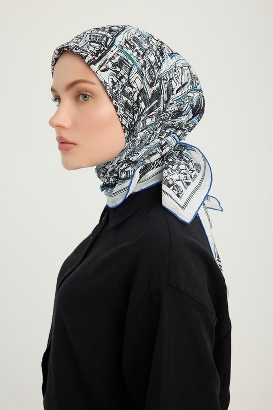 Vierra Desenli Eşarp - Yankılar Şehri - Mavi