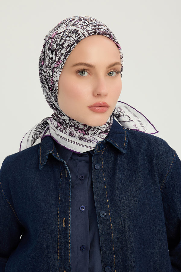 Vierra Desenli Eşarp - Yankılar Şehri - Mor