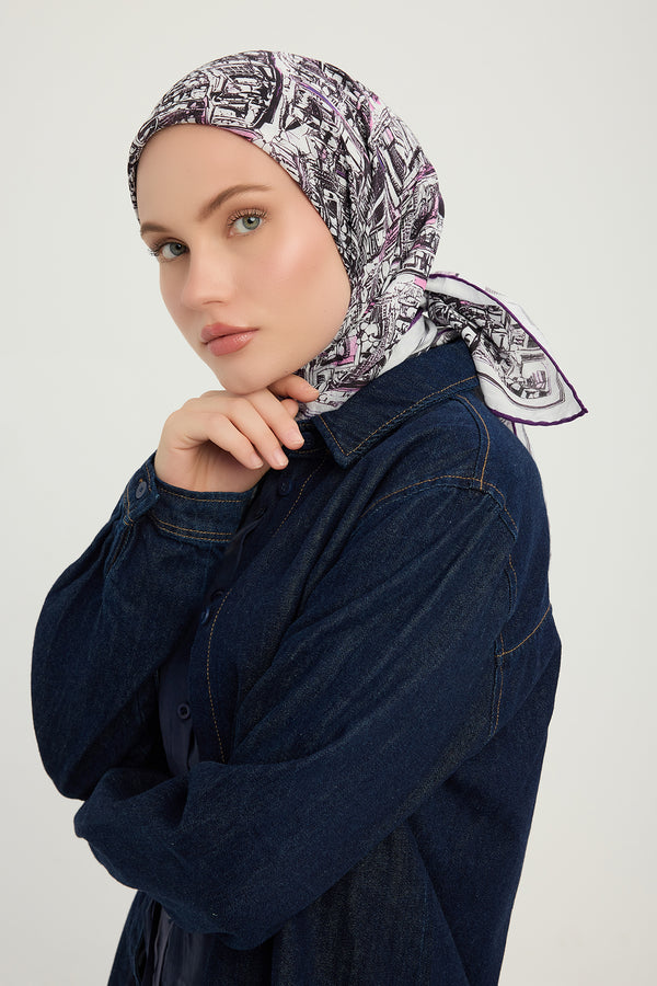Vierra Desenli Eşarp - Yankılar Şehri - Mor