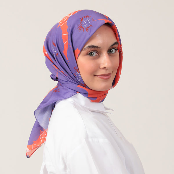 Pamuk İpek Eşarp - Manolya Desen - Mor