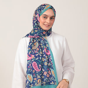 Pamuk İpek Şal - Etnik Floral Desen - Okyanus Mavisi