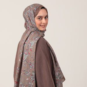 Pamuk İpek Şal - Paisley Çiçek Desen - Koyu Vizon