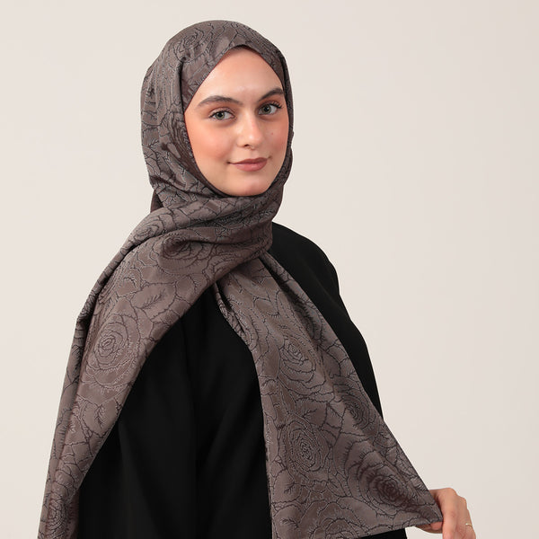 İpeksi Çift Taraflı Jakar Şal - Rose Desen - Koyu Füme