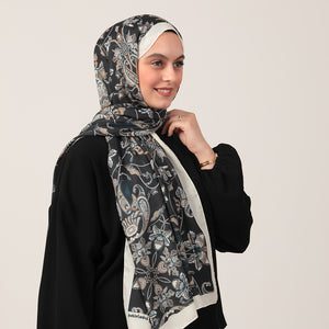 Pamuk İpek Şal - Paisley Çiçek Desen - Siyah Krem