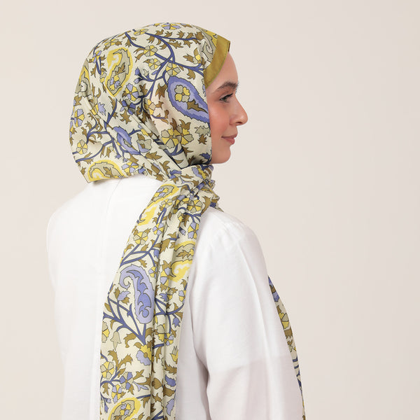 Pamuk İpek Şal - Etnik Floral Desen - Olive