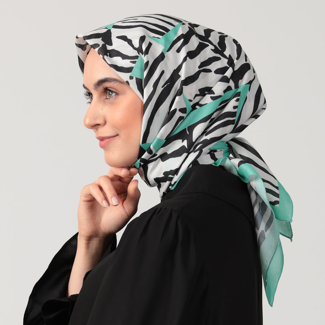 Pamuk İpek Eşarp - Zebra Desen - Neon Yeşil