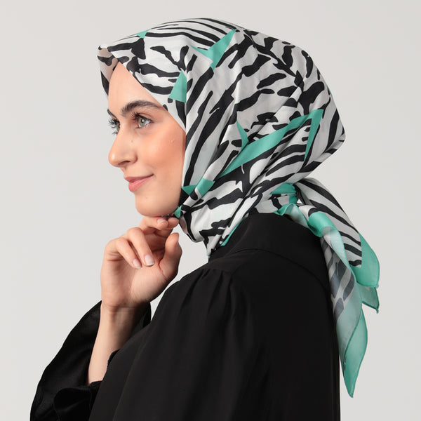 Pamuk İpek Eşarp - Zebra Desen - Neon Yeşil