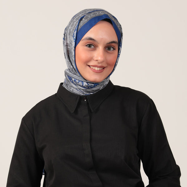 Pamuk İpek Şal - Hint Desen - Saks Mavisi