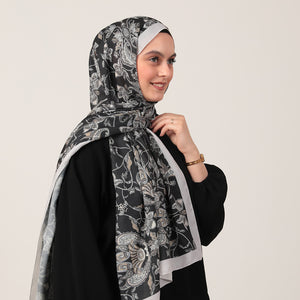 Pamuk İpek Şal - Paisley Çiçek Desen - Siyah Gri