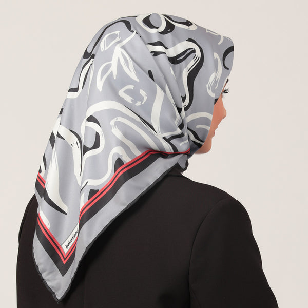 Twill Eşarp - İlkbahar Desen - Gri Kırmızı