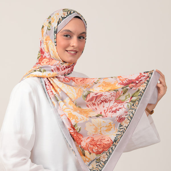 Pamuk İpek Şal - Floral Desen - Taş