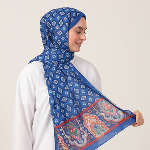 Pamuk İpek Şal - Orient Desen - Saks Mavisi