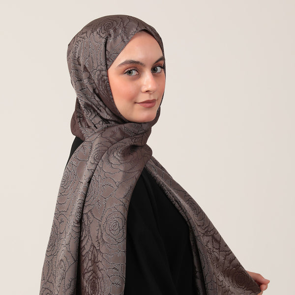 İpeksi Çift Taraflı Jakar Şal - Rose Desen - Koyu Füme