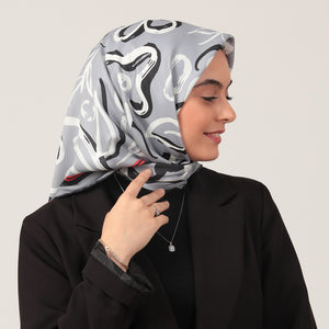 Twill Eşarp - İlkbahar Desen - Gri Kırmızı