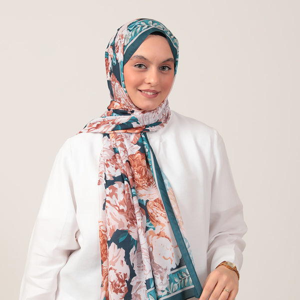 Pamuk İpek Şal - Floral Desen - Petrol Yeşili