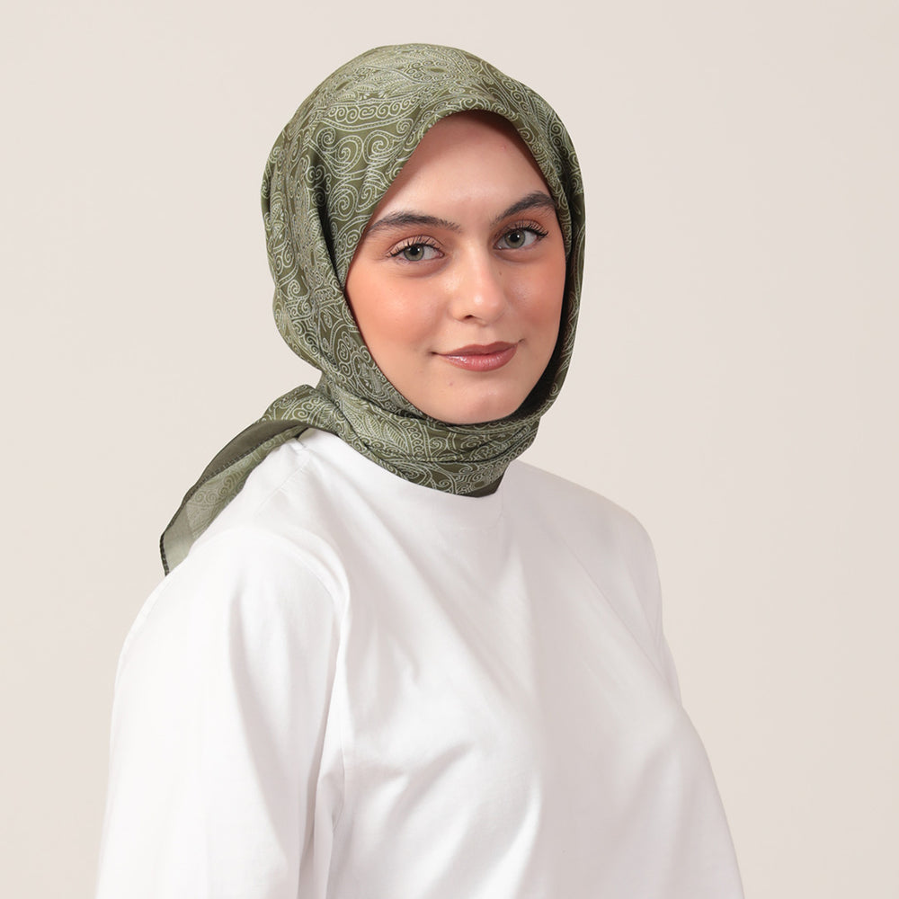 Pamuk İpek Eşarp - Mandala Desen - Yeşil