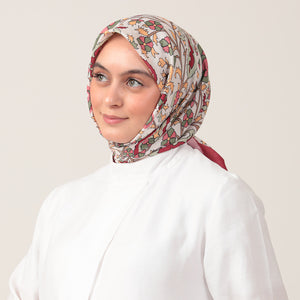 Pamuk İpek Eşarp - Etnik Floral Desen - Bordo