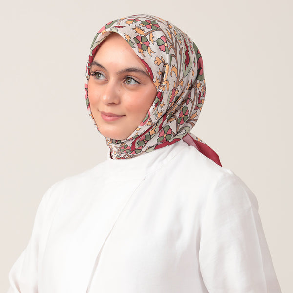 Pamuk İpek Eşarp - Etnik Floral Desen - Bordo