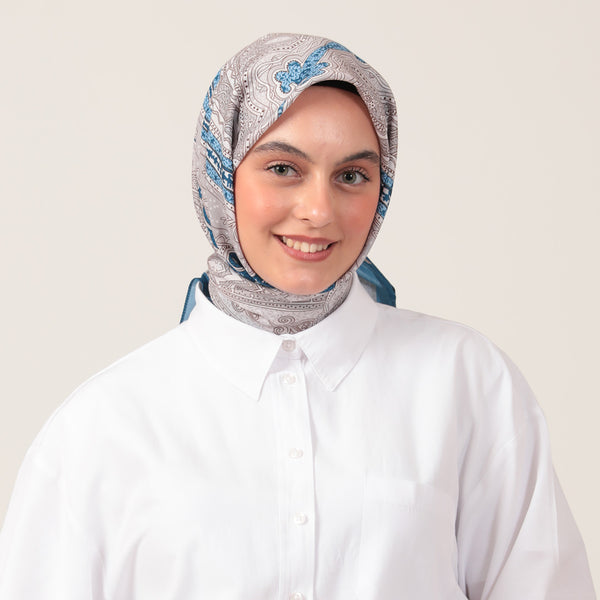 Pamuk İpek Eşarp - Hint Desen - Kot Gri