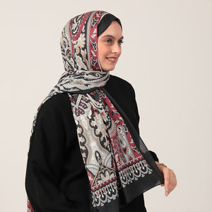 Pamuk İpek Şal - Barok Desen - Siyah Bordo