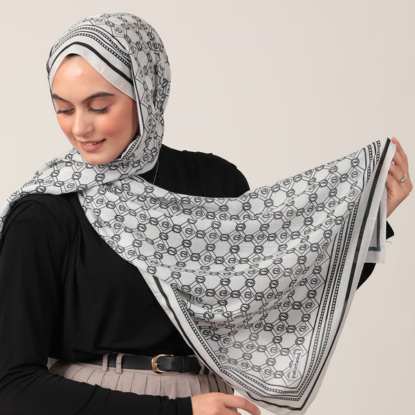 Pamuk İpek Şal - Monogram Desen - Krem Siyah