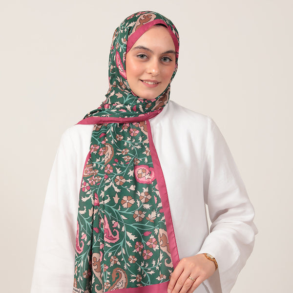 Pamuk İpek Şal - Etnik Floral Desen - Zümrüt Yeşili